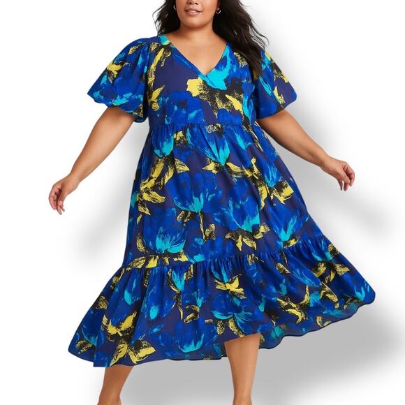 Christopher John Rogers x Target Blue Dark Floral Ruffle Puff Sleeve Maxi Plus - Picture 1 of 9